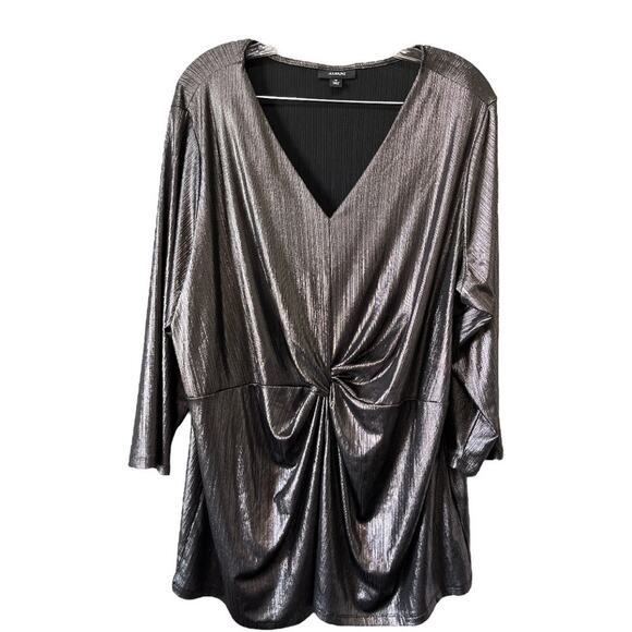 NWT Alfani Mod Shimmer Twist Front Blouse Top Shirt Metallic Gray Silver 4X - Picture 2 of 10